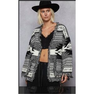 POL Black and White Fringed Cardigan